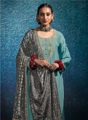 Blue and Grey Embroidered Modal Silk Straight Cut Suit - nirshaa