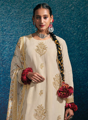 Off-White Elegant Embroidered Modal Silk Straight Cut Suit - nirshaa