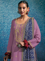 Purple and Navy Blue Embroidered Modal Silk Straight Cut Suit - nirshaa