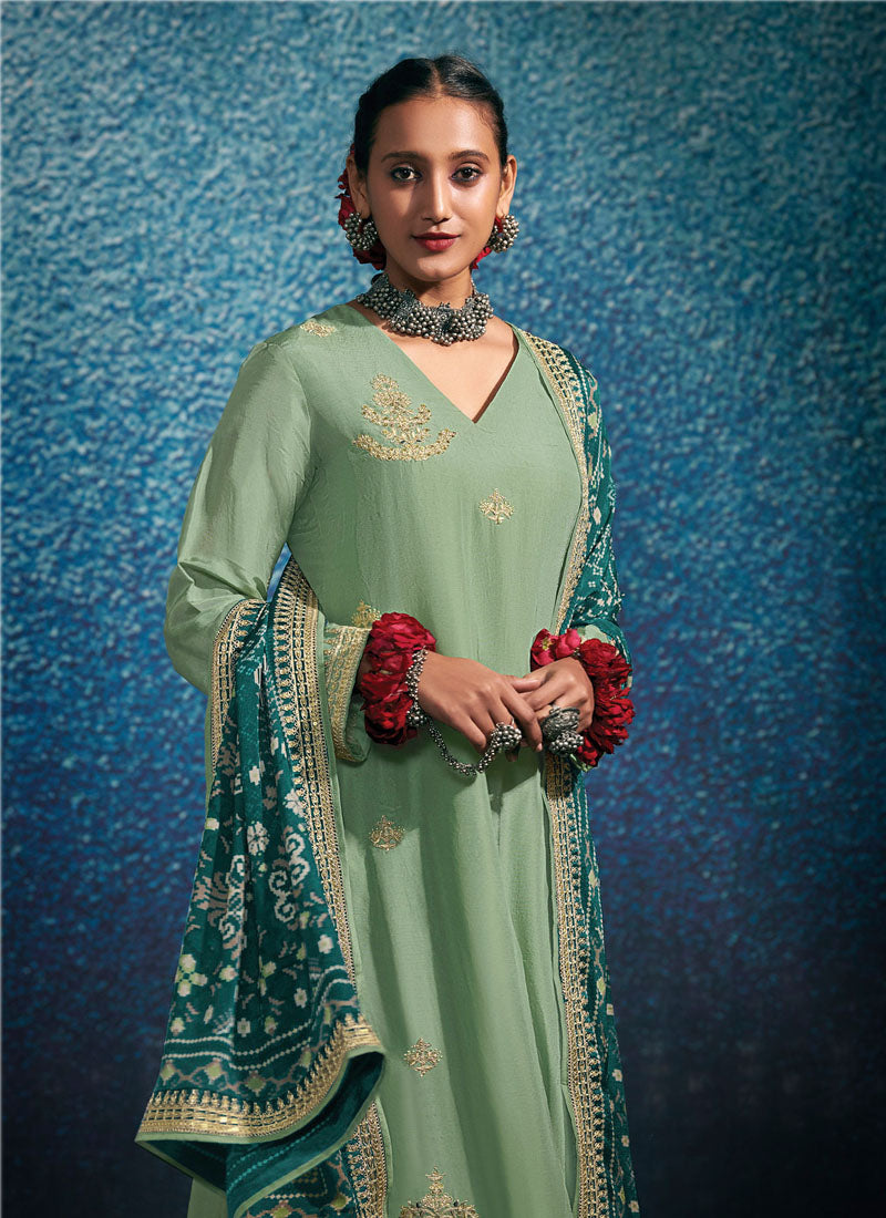 Green Embroidered Modal Silk Straight Cut Suit - nirshaa