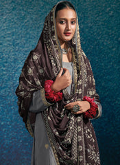 Greyish Blue and Brown Embroidered Modal Silk Straight Cut Suit - nirshaa