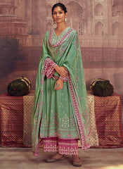 Green And Purple Thread Embroidery Muslin Anarkali Palazzo Suit