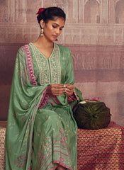 Green And Purple Thread Embroidery Muslin Anarkali Palazzo Suit