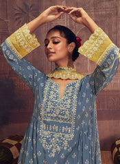 Blue And Yellow Thread Embroidery Anarkali Palazzo Suit