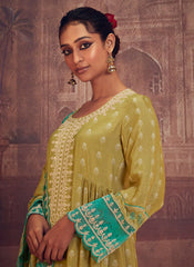 Yellow And Green Thread Embroidery Anarkali Palazzo Suit