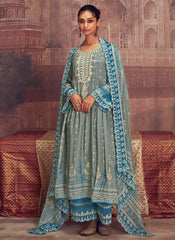 Grey And Blue Thread Embroidery Anarkali Palazzo Suit