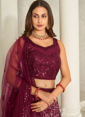 Wine Sequins Net Party Wear Lehenga Choli