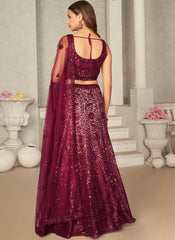 Wine Sequins Net Party Wear Lehenga Choli