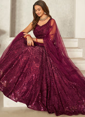 Wine Sequins Net Party Wear Lehenga Choli