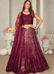 Wine Sequins Net Party Wear Lehenga Choli