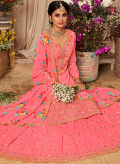 Peach-Pink Georgette Straight Cut Style Suit with Lehenga
