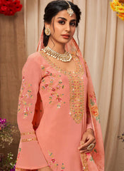 Peach Georgette Straight Cut Style Suit with Lehenga