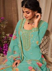 Sea Green Georgette Straight Cut Style Suit with Lehenga