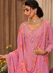 Mauve Pink Georgette Straight Cut Style Suit with Lehenga