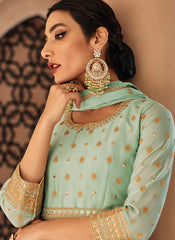 Sky Blue Party Wear Chinon-Georgette Straight Cut Suit with Palazzo