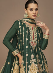 Dark Green Embroidered Chinon Silk Pankistani Style Suit - nirshaa