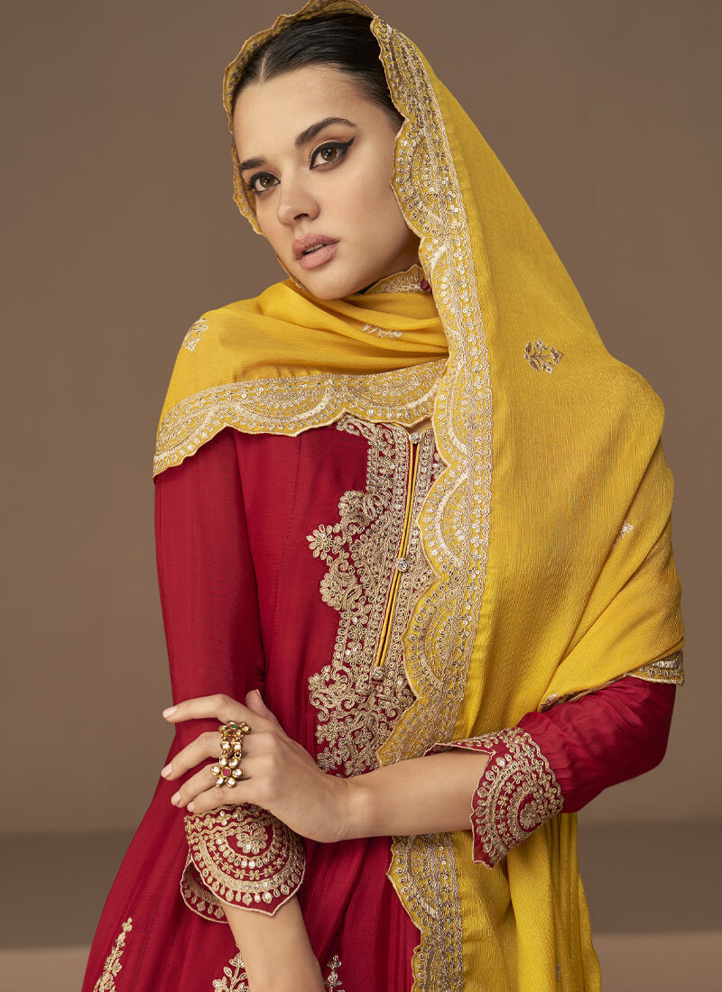 Red , Purple and Yellow Embroidered Chinon Silk Pankistani Style Suit - nirshaa