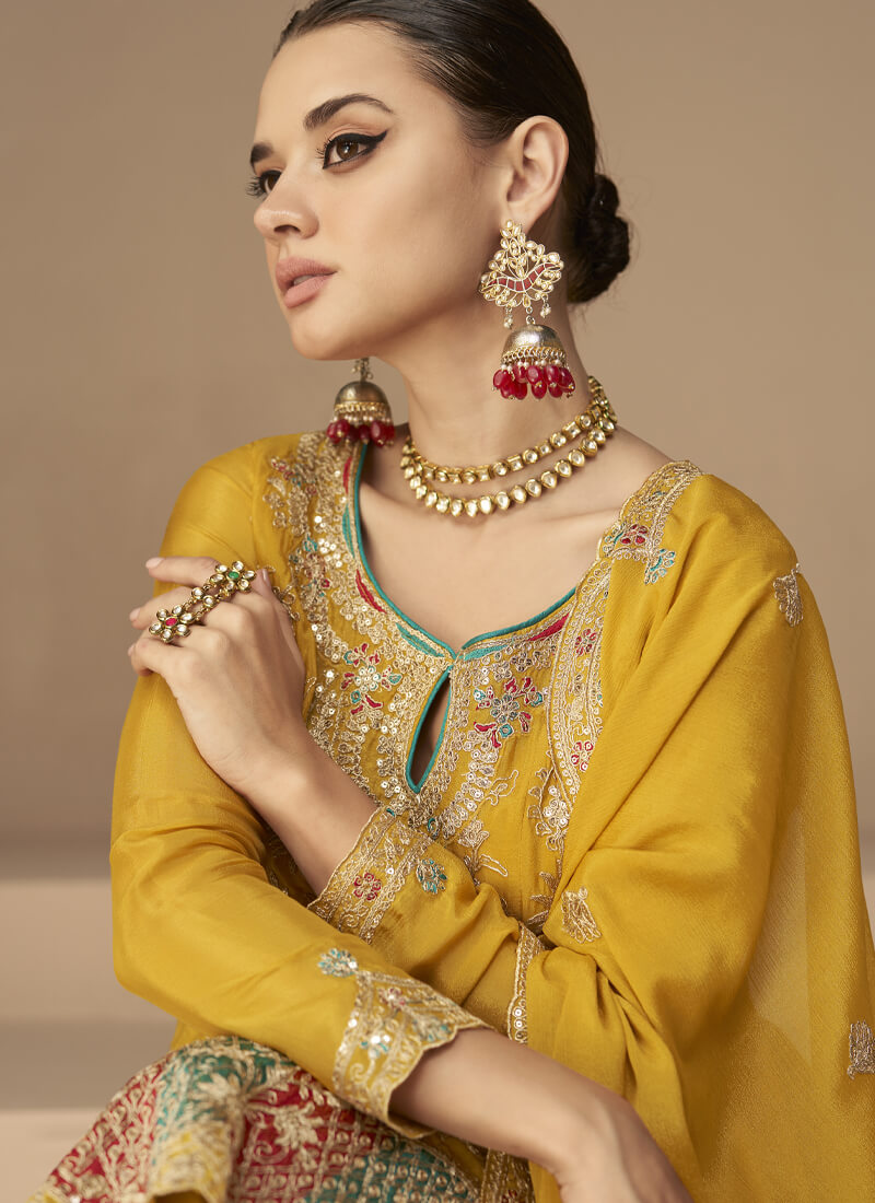Yellow Embroidered Chinon Silk Pankistani Style Suit - nirshaa