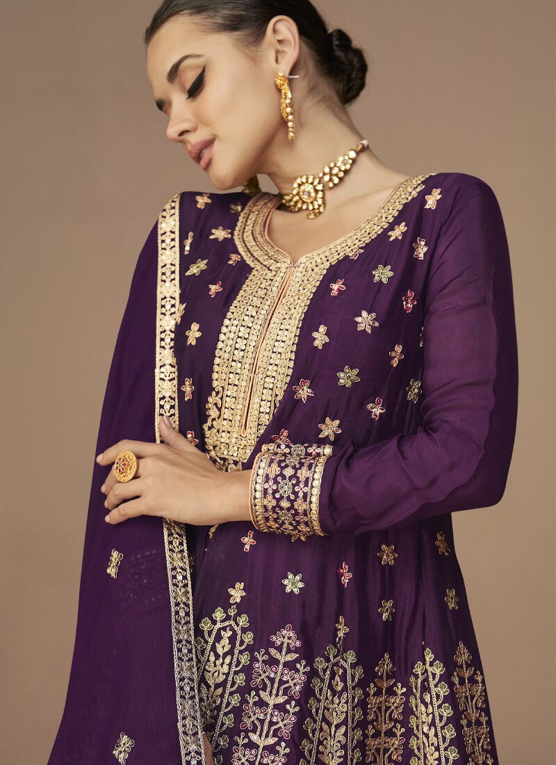 Purple Embroidered Chinon Silk Pankistani Style Suit - nirshaa