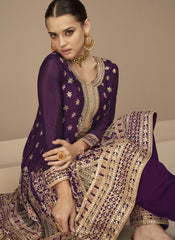 Purple Embroidered Chinon Silk Pankistani Style Suit - nirshaa