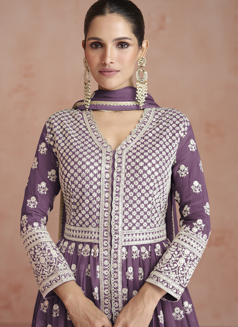 Splendid Purple Embroidered Anarkali Lehenga Style Suit - nirshaa