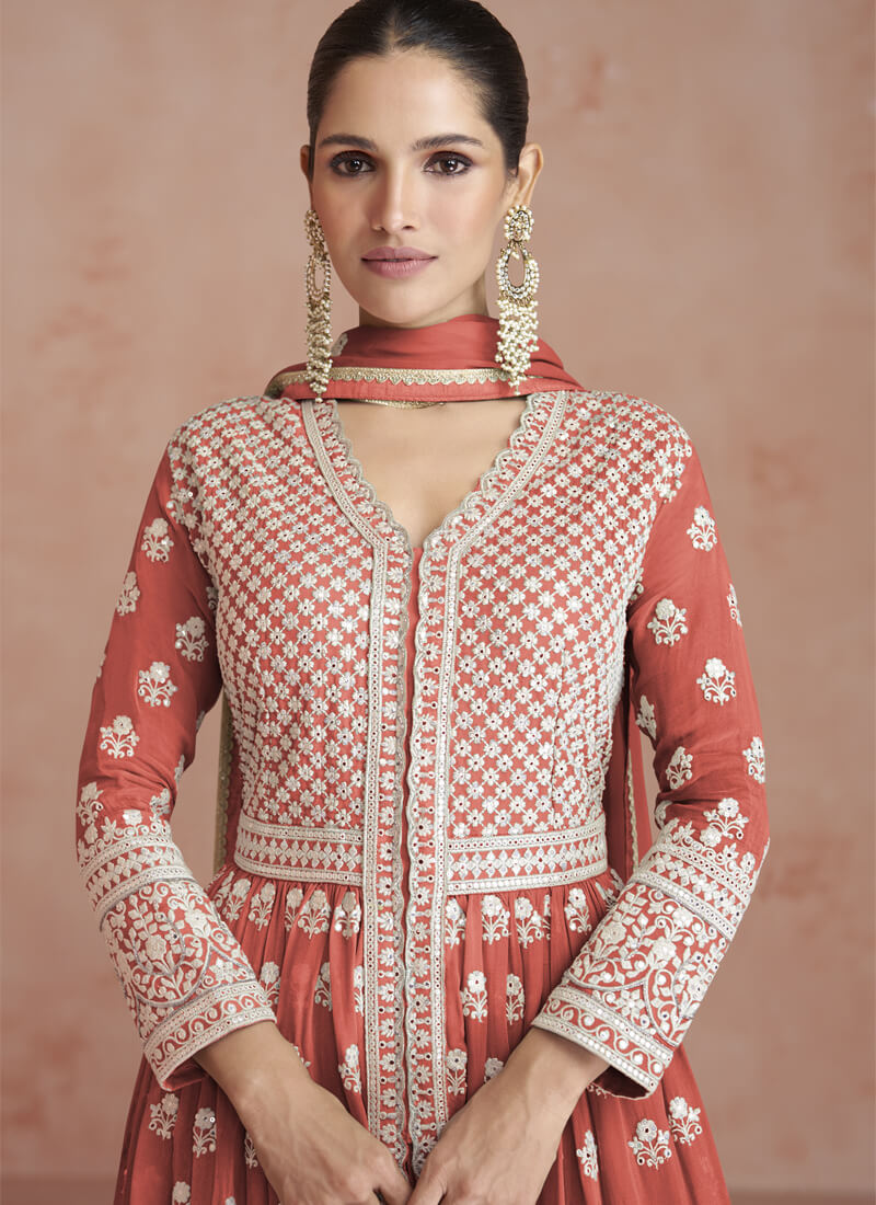 Divine Orangeish Red Embroidered Anarkali Lehenga Style Suit - nirshaa