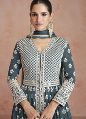 Elegant Dark Grey Embroidered Anarkali Lehenga Style Suit - nirshaa
