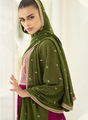 Magenta and Olive Green Gerogette Party Wear Sharara Style Suit - nirshaa