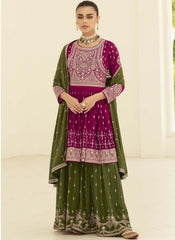 Magenta and Olive Green Gerogette Party Wear Sharara Style Suit - nirshaa