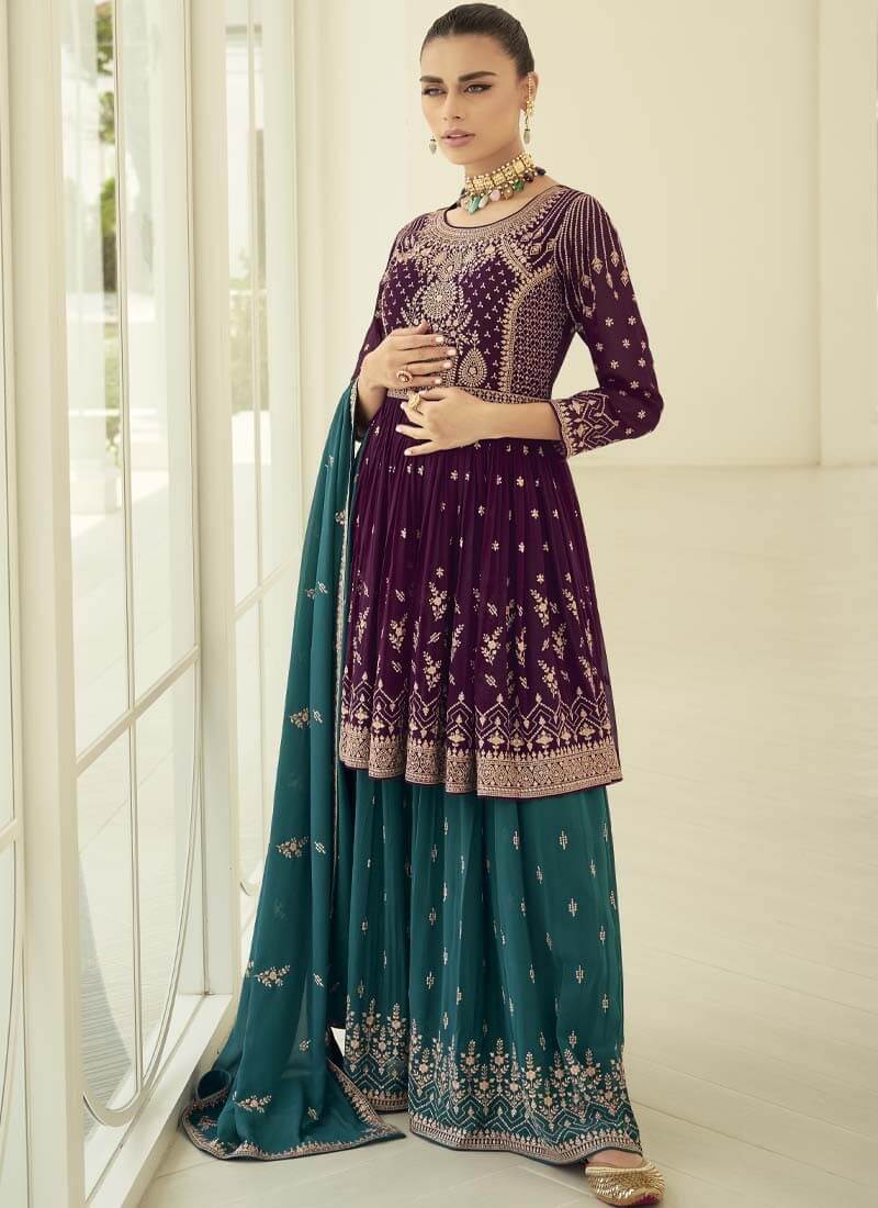 Purple and Firozi Gerogette Party Wear Sharara Style Suit - nirshaa