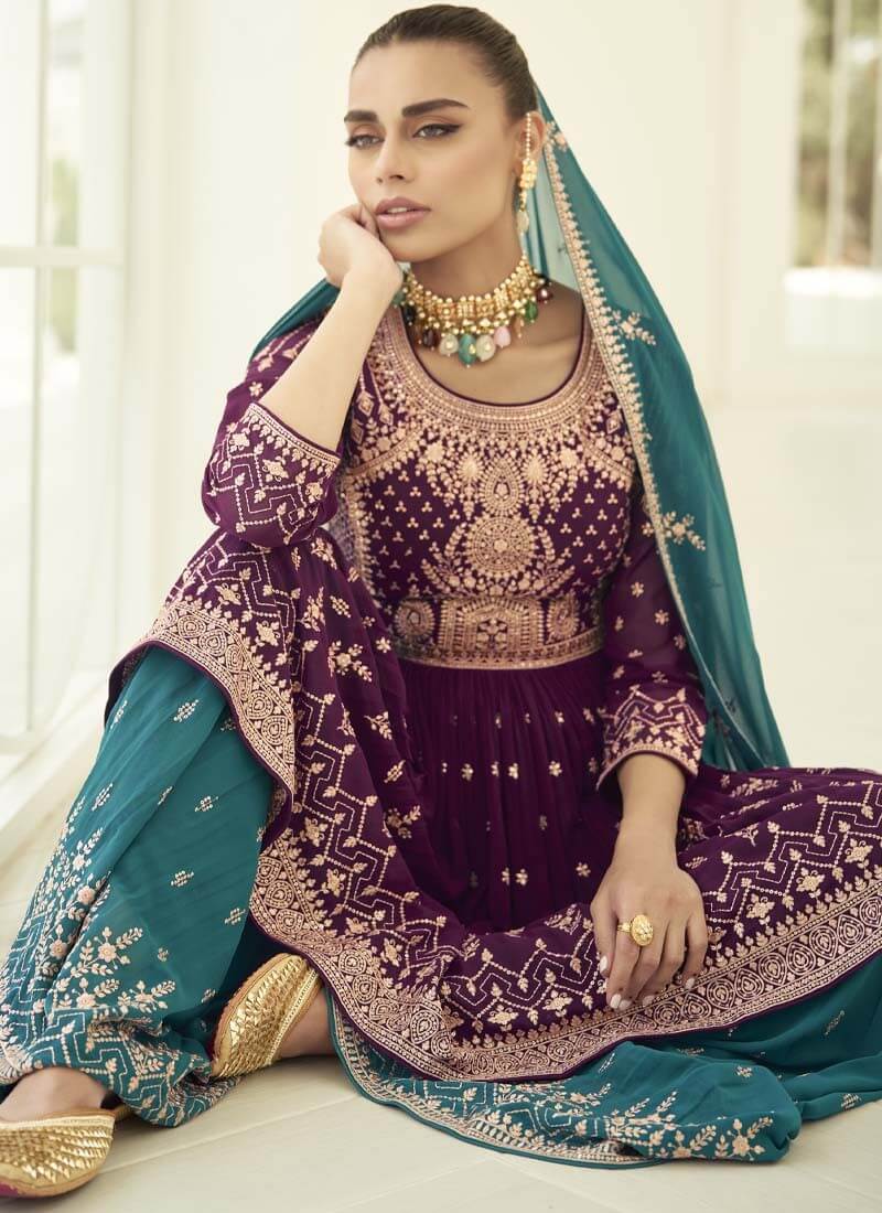 Purple and Firozi Gerogette Party Wear Sharara Style Suit - nirshaa