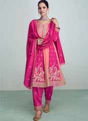 Pretty Pink and Peach Embroidered Premium Silk Anarkali Suit