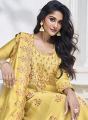 Yellow Embroidered Premium Silk Straight Cut Suit with Palazzo