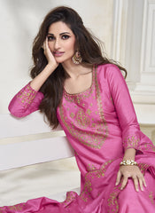 Pink Embroidered Premium Silk Straight Cut Suit with Palazzo
