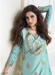 Blue Embroidered Premium Silk Straight Cut Suit with Palazzo