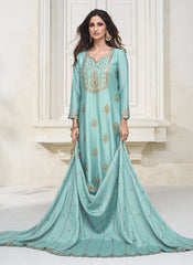 Blue Embroidered Premium Silk Straight Cut Suit with Palazzo