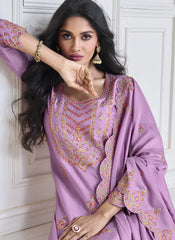Purple Embroidered Premium Silk Straight Cut Suit with Palazzo