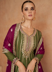 Olive Green and Magenta Embroidered Chinon Silk Suit