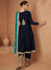 Navy Blue and Firozi Embroidered Chinon Silk Suit