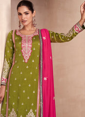 Green and Pink Party Wear Silk Straight Cut Suit with Palazzo