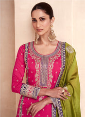 Pink , Green and Purple Party Wear Silk Straight Cut Suit with Palazzo