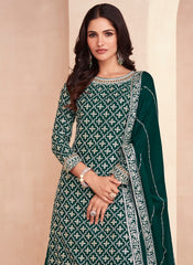 Dark Green with Multicolor embroidered Chinon Silk Lehenga Style Suit