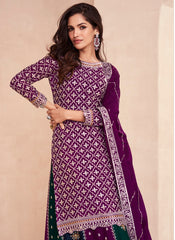 Purple with Multicolor embroidered Chinon Silk Lehenga Style Suit