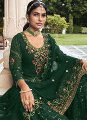 Dark Green Party Wear Straight Cut Suit with Sharara