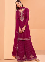 Maroon Embroidered Georgette Straight Cut Suit with Sharara