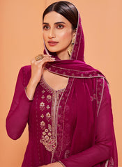 Maroon Embroidered Georgette Straight Cut Suit with Sharara