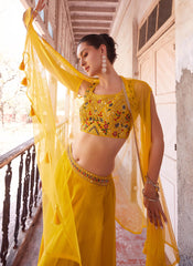 Yellow Multi Embroidered Cape Style Palazzo Set