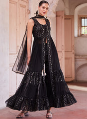 Black Multi Embroidered Georgette Indowestern Outfit