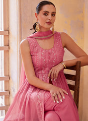 Pink Multi Embroidered Georgette Indowestern Outfit