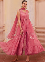 Pink Multi Embroidered Georgette Indowestern Outfit